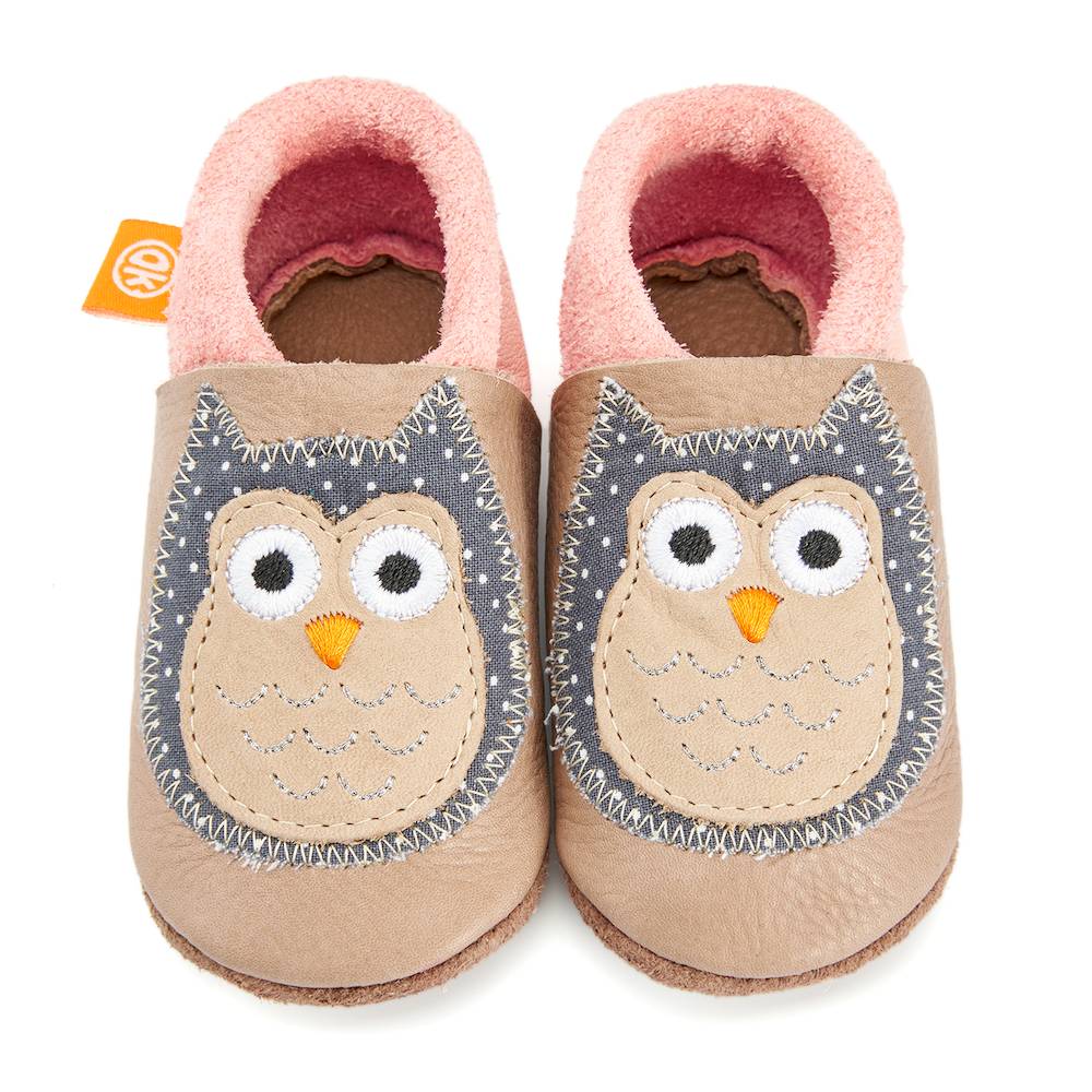 Orangenkinder-Eule-Oben BIO-Lederfinken von Orangenkinder "Eule" in Rosé und Beige
