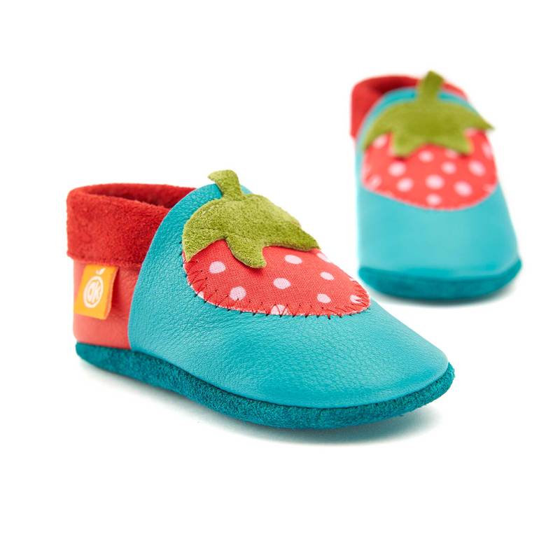 Erdbeere2 Pololo / Orangenkinder Krabbelschuhe Erdbeere mit Wildledersohle