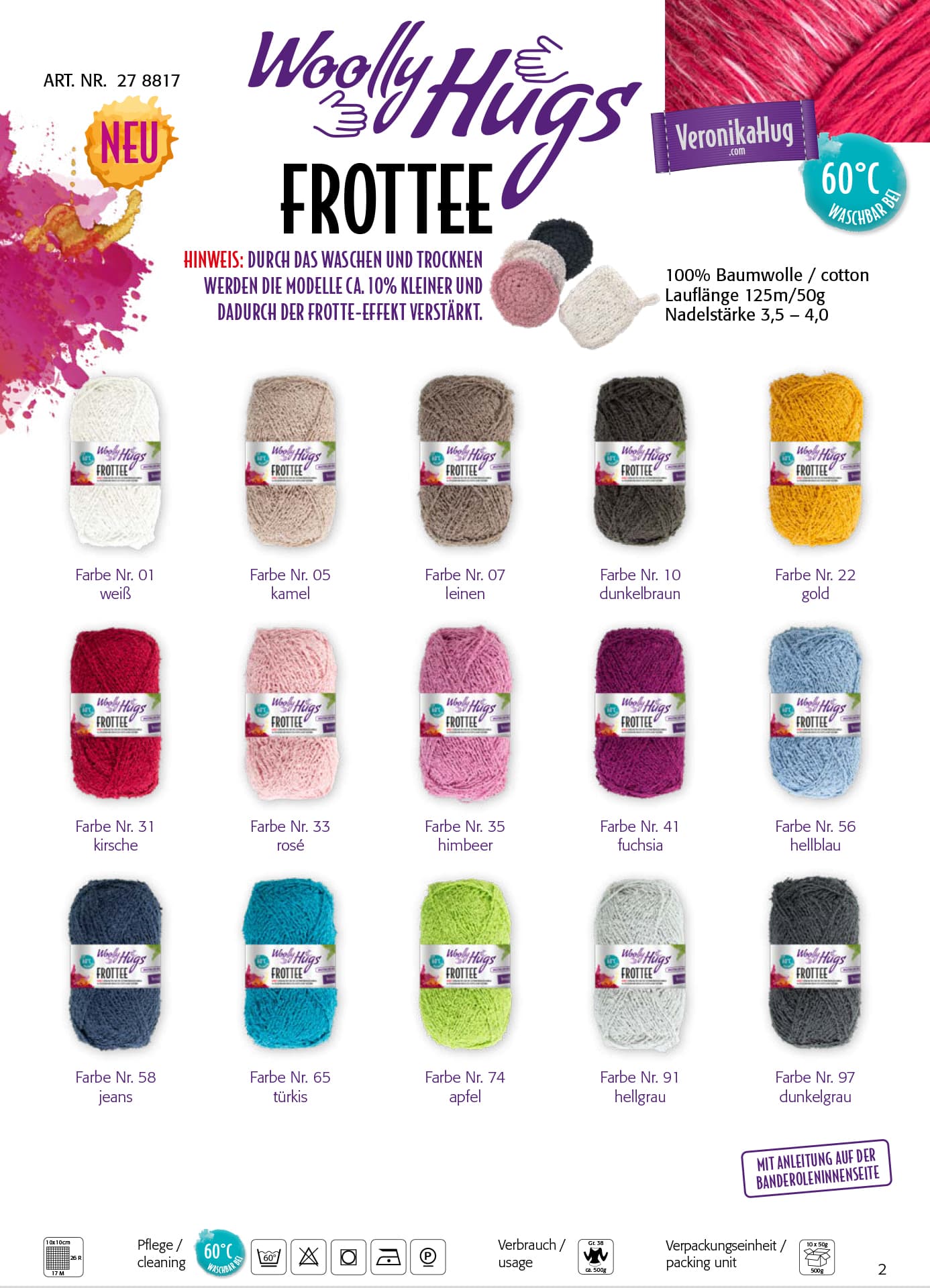 Farbkarte Woolly Hugs FROTTEE mit 15 tollen Farben