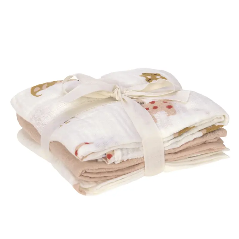 3er Geschenkset Mulltücher mit Schleife, in pfirsich und Offwhite mit Punkten, Tierprint oder uni.