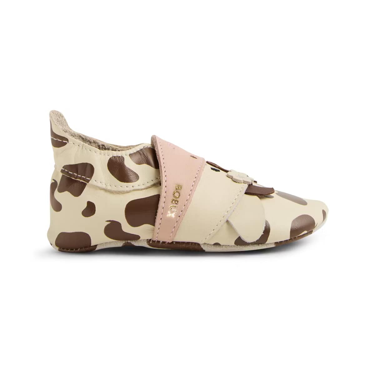 Lederfinken Mooley Cow in creme und braun mit Kuhmotiv von der Seite