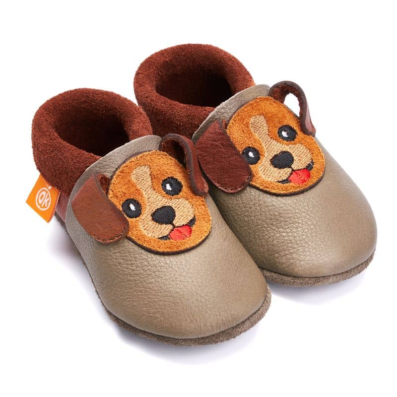 Orangenkinder-Hund-Waldi-Paar BIO-Lederfinken von Orangenkinder "Waldi der Welpe" in Taupe und Braun