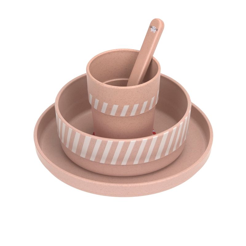 Lässig Geschirrset in rosé mit weissen Streifen und Katzenmotiv, mit ineinandergestellten Teller, Schüsselchen, Becher und Löffel.