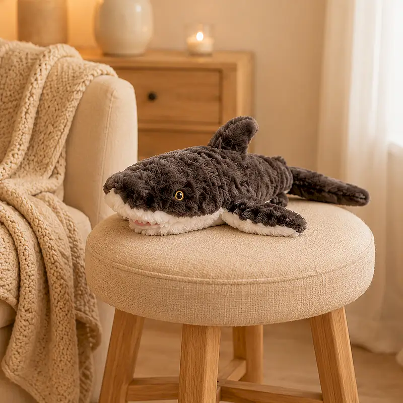 Das Wärmekuscheltier "Hai" von Habibi liegt auf einem Hocker.