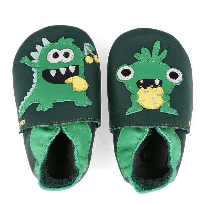 Bobux-Messy-Monster-Olive-1 BOBUX Lederfinkli "Messy Monsters" in grün und gelb mit frechen Monstern