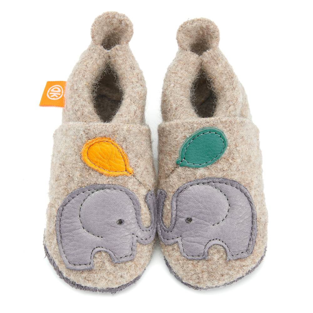 ORANGENKINDER "Wolli" Wollwalk-Finken in beige mit Elefant