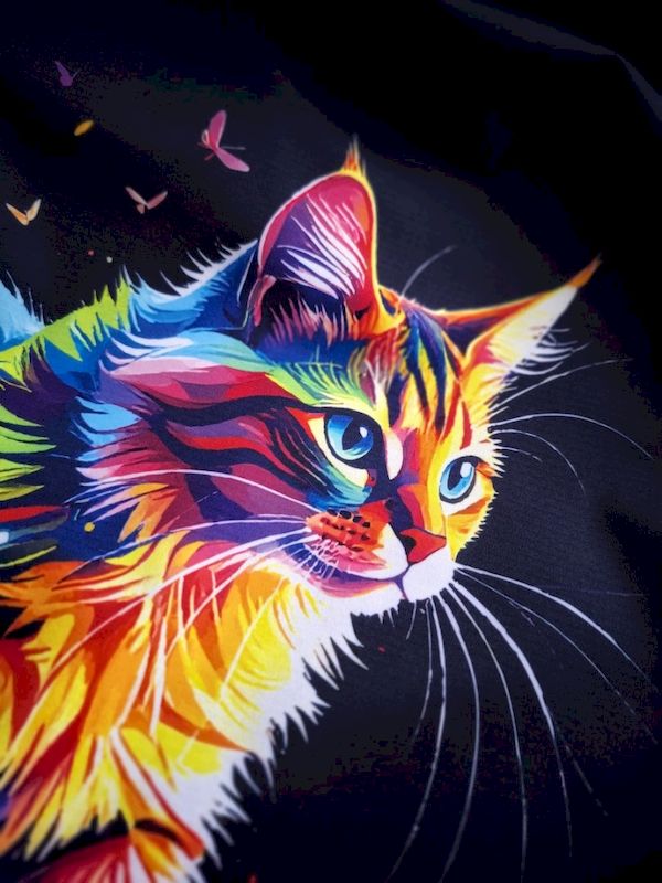 Bunt leuchtendes Katzenmotiv auf der Rückseite der Softshelljacke Rainbow Cat im Detail.