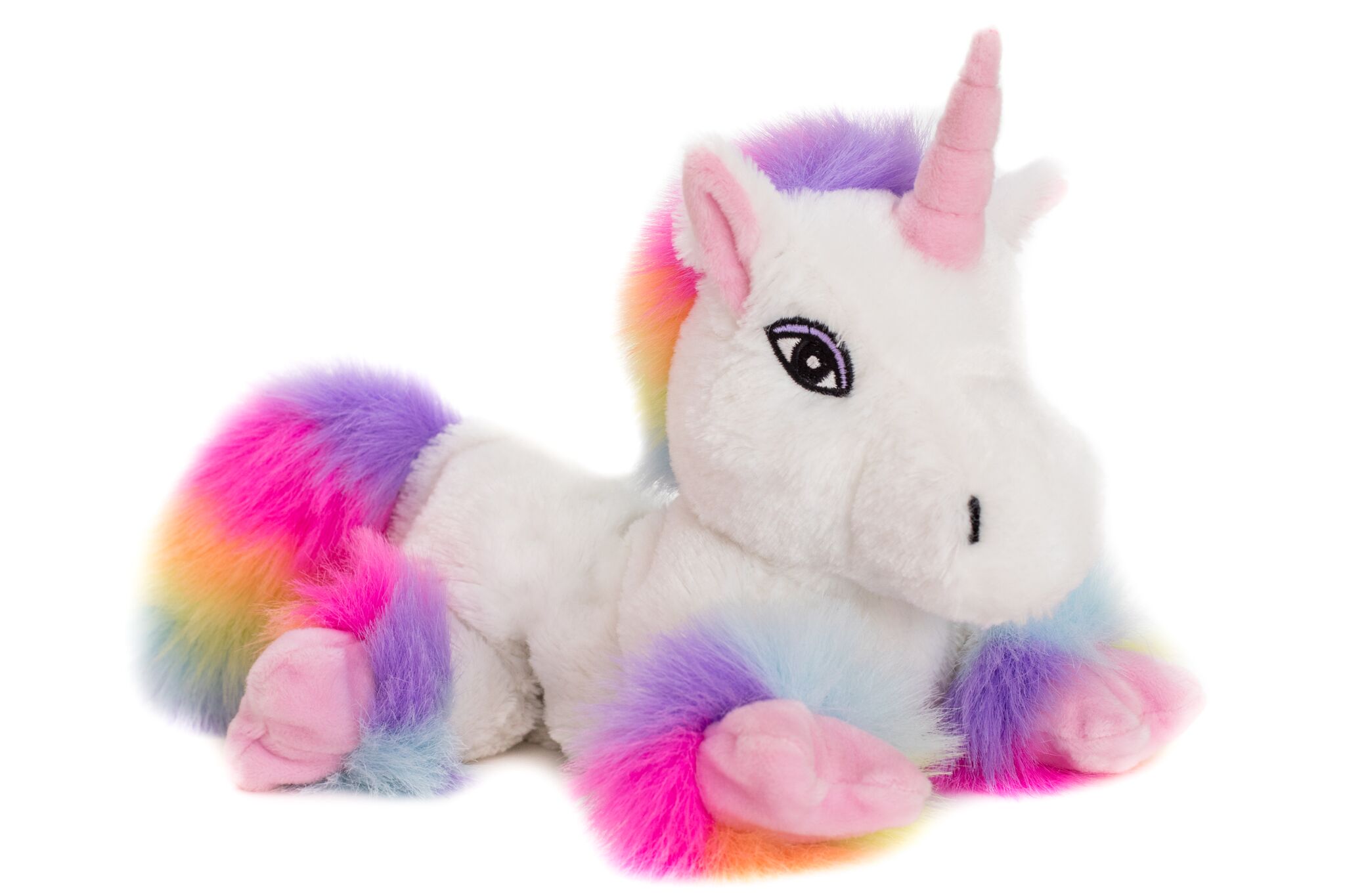 Wärmetier Einhorn in weiss mit Regenbogen-Mähne und Schweif