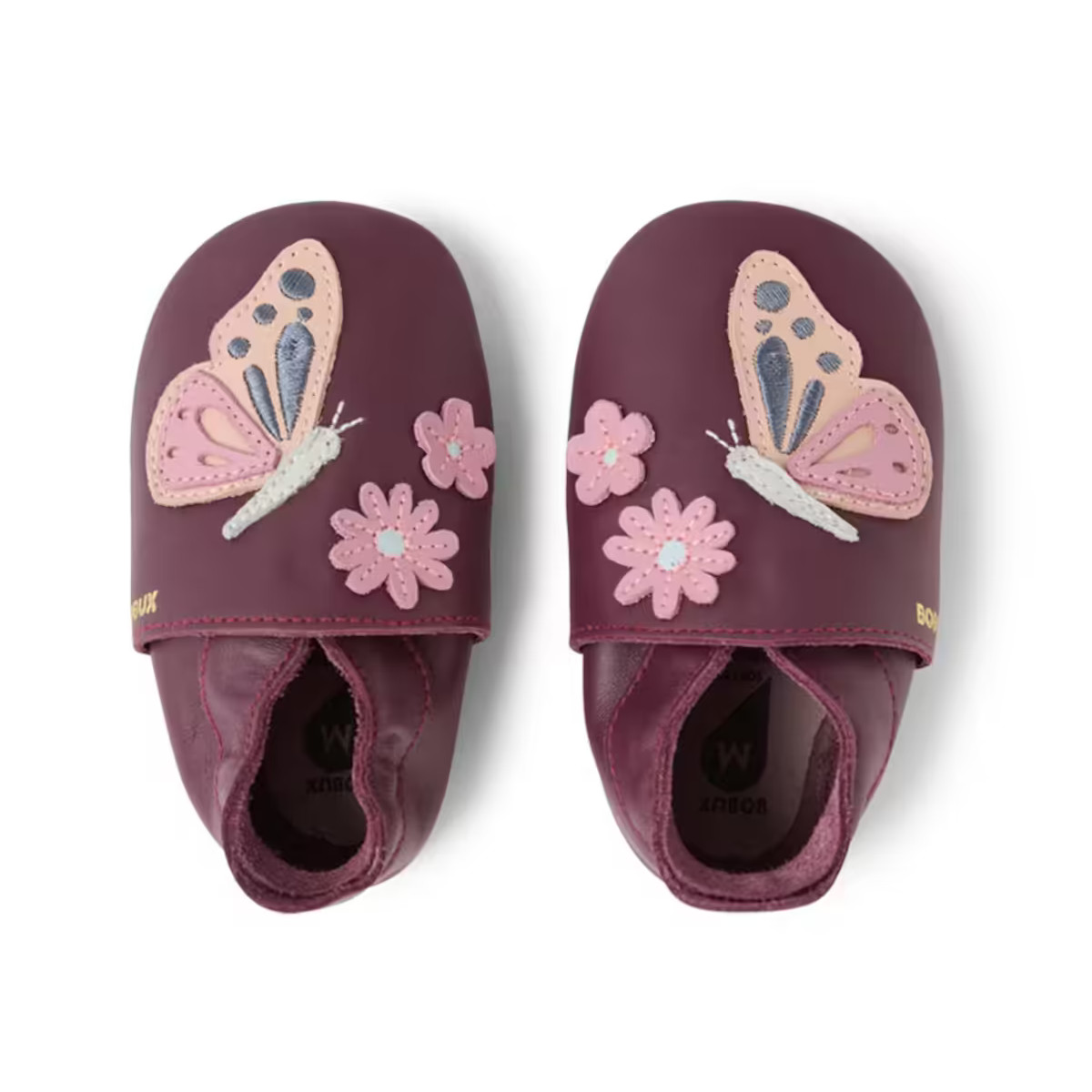 Bobux Krabbelschuhe Athalia in Feige mit zauberhaftem Schmetterlingsmotiv Bobux Lederfinken in Feige mit Schmetterling in hellrosa und 2 pinkfarbenen Blüten
