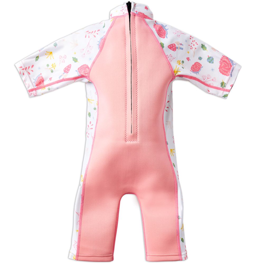 Rückseite des Kinder Wetsuit Forest Walk in rosé und weiss mit langem Reissverschluss am Rücken