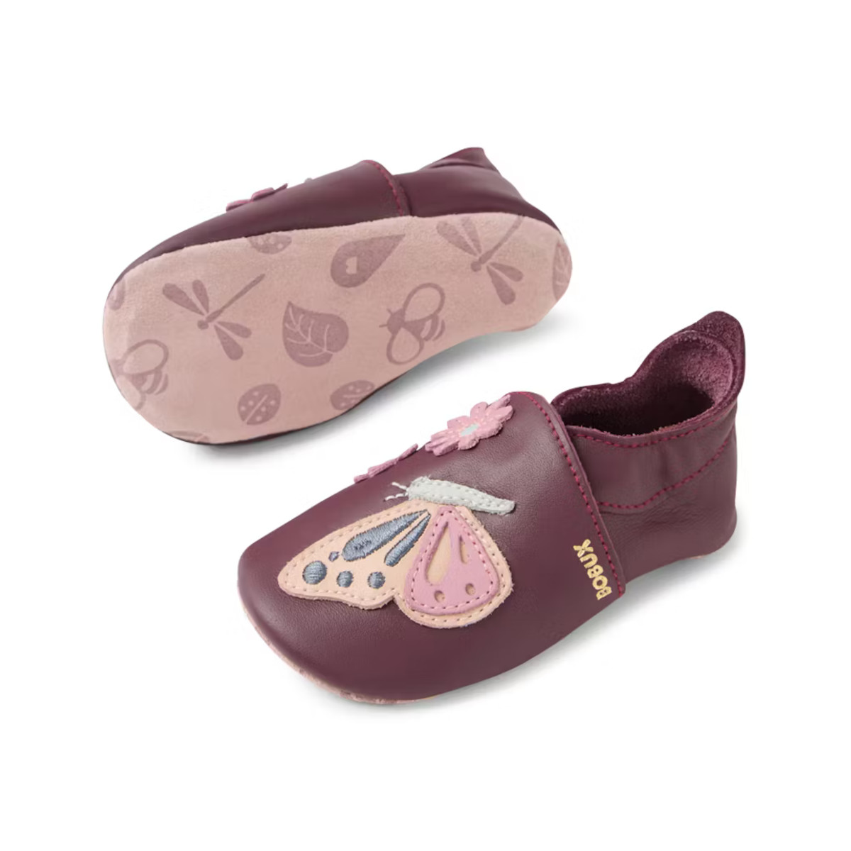 Bobux Krabbelschuhe Athalia Fig bedruckte Sohle Mit Libellen, Bienen und Blättern bedruckte Aussensohle der Bobux Lederfinken Athalia Fig