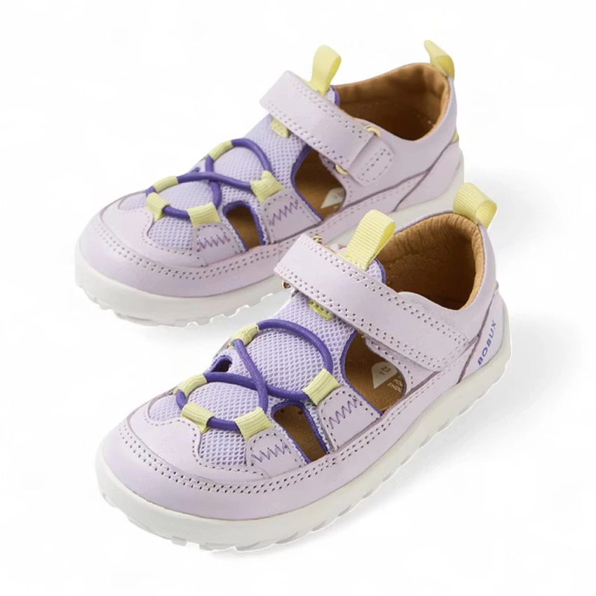 Bobux Barfussschuhe in flieder mit violetten Gummizug und hellgelben Akzenten