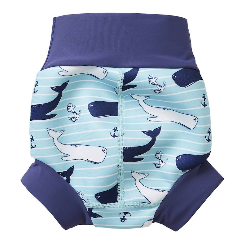 Rückseite der Badewindel Happy Nappy Vintage Moby in Blau mit Pottwalen