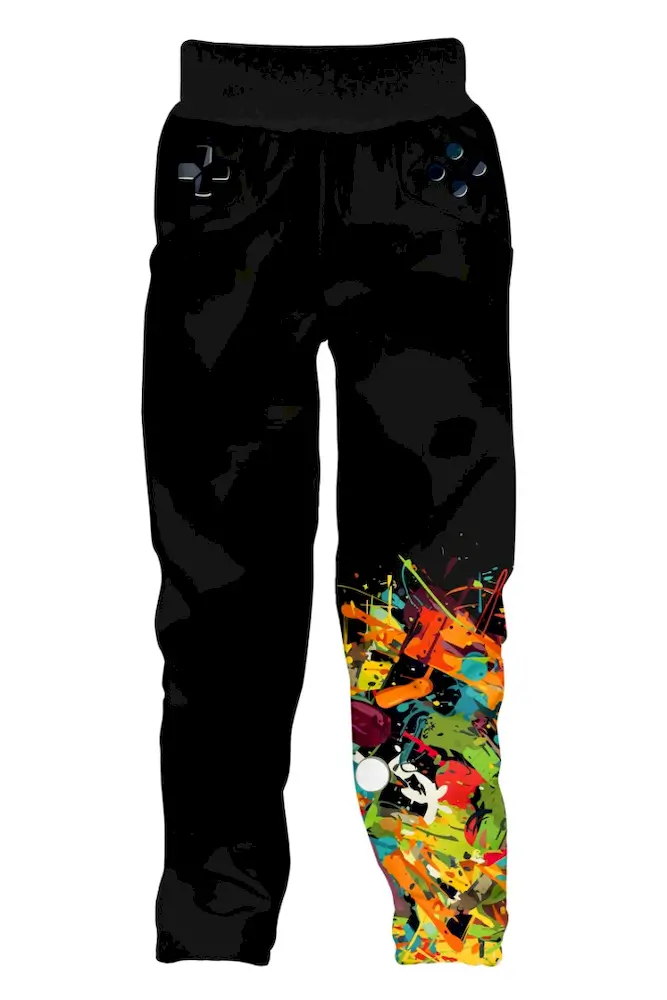 Schwarze Funktionshose mit buntem 3D Gaming Motiv auf dem unteren linken Hosenbein