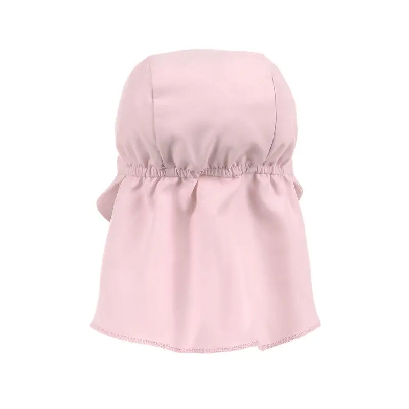 Rückseite eines UV-Sonnenhutes in hellem Rose mit Nackenschutz und Gummizug für sicheren Sitz.