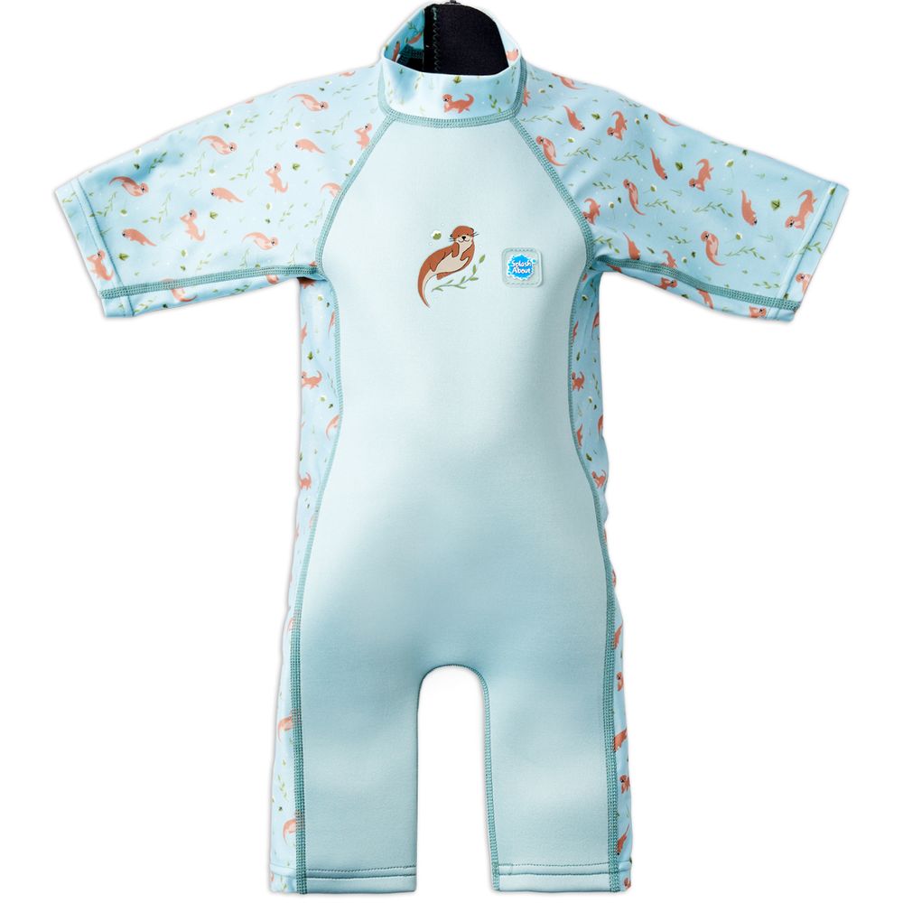 Vorderseite des Kinder-Wetsuit Playful Otters in Mint mit spielenden Fischottern darauf