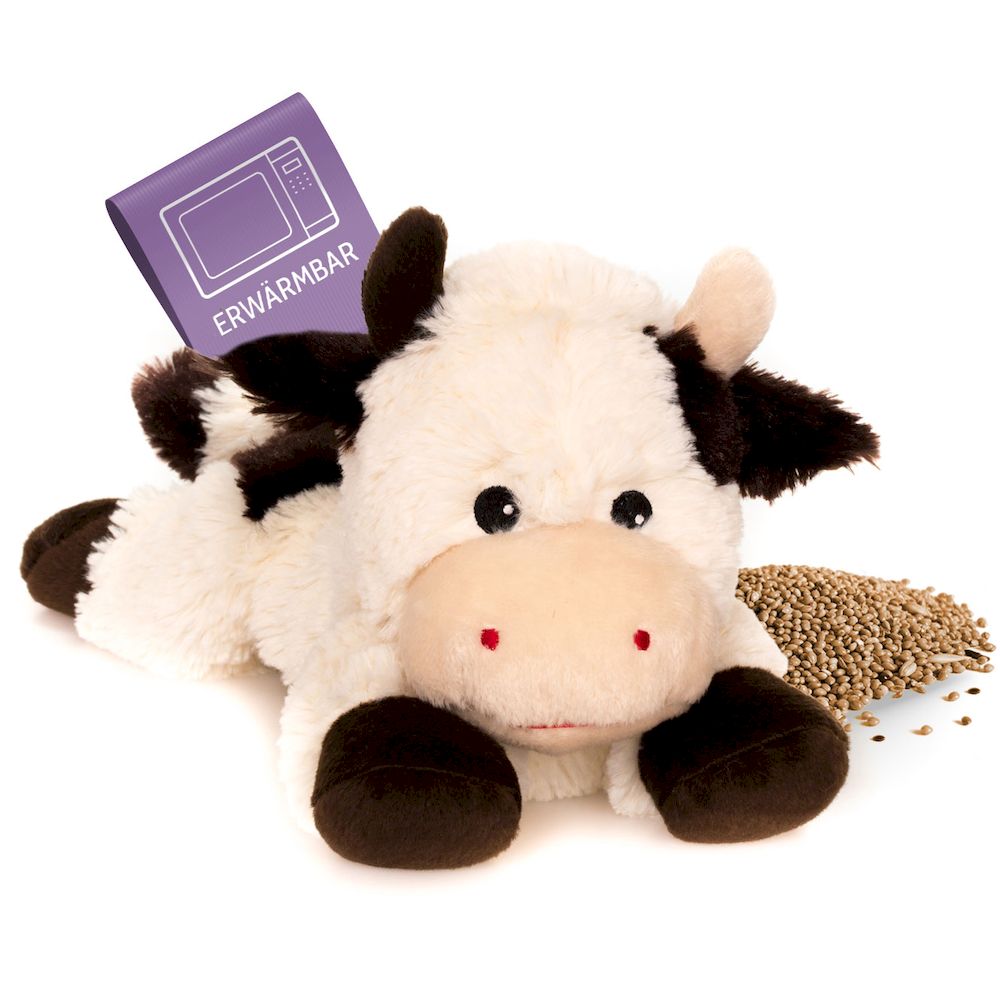 Wärme-Kuscheltier Kuh in weiss, dunkelbraun und hellbraun.