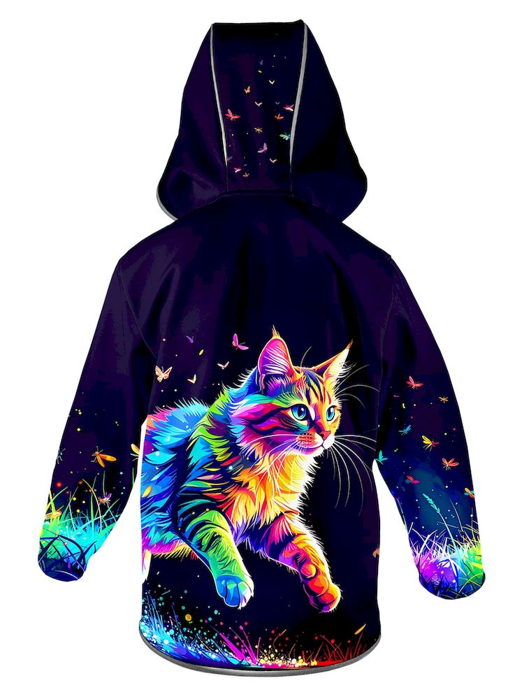 Rückseite einer dunkelblauen Softshelljacke mit regenbogenfarbener Katze im Sprung und bunten Schmetterlingen