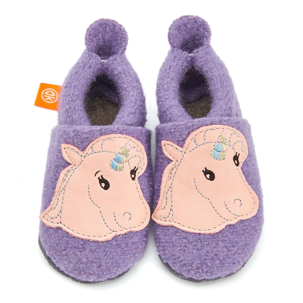 Orangenkinder-Walk-Einhorn-Oben ORANGENKINDER "Wolli" Wollwalk-Finken in flieder mit Einhorn