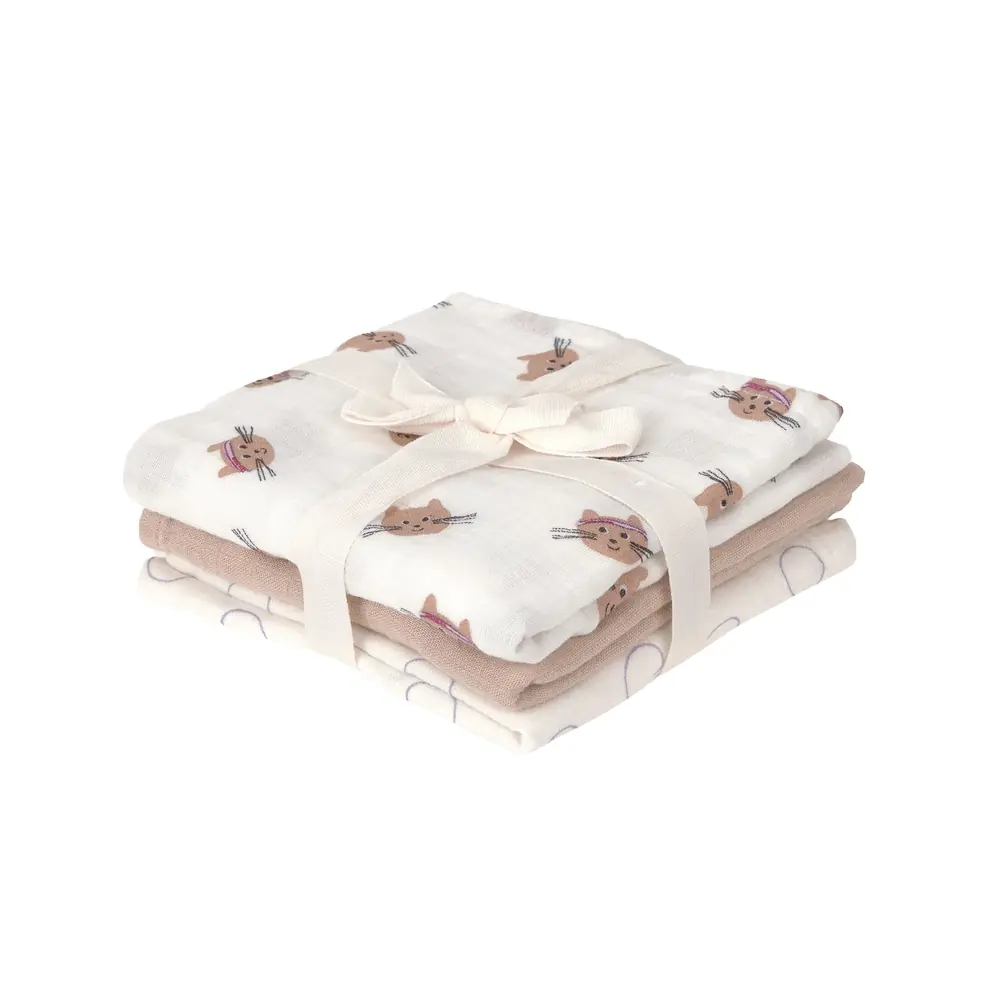 Geschenkset mit 3 Mulltüchern mit Schleife, bedruckt mitherzigen Katzen, lustigen Kringeln und in uni hellbraun