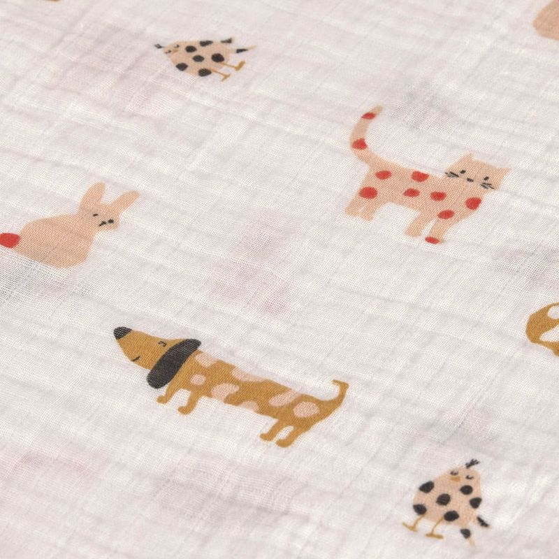 Mulltuch in Offwhite mit bunten  Katzen, Hunden, Vögel, Igel, Hasen und Meerschweinchen