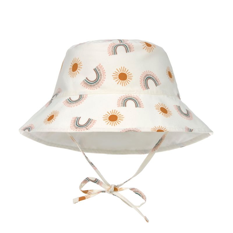 Lässig Bucket Hat "Rainbow Nature" in offwhite mit goldenen Sonnen und bunten Regenbögen