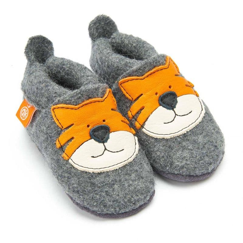 Wolli_Tom15986d6e3223df Wollwalk-Schuhe aus grauem Merino-Filz mit Tigergesicht