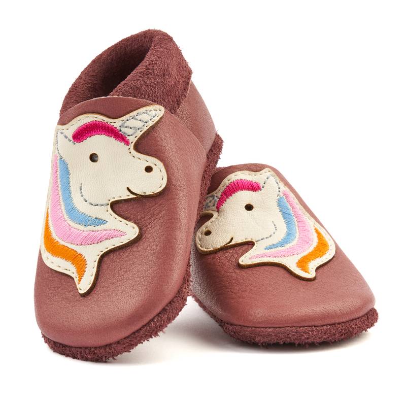 Orangenkinder-Stella-Einhorn-Details Für Laufen wie Barfuss: "Einhorn Stella" Hausschuhe mit Wildledersohle