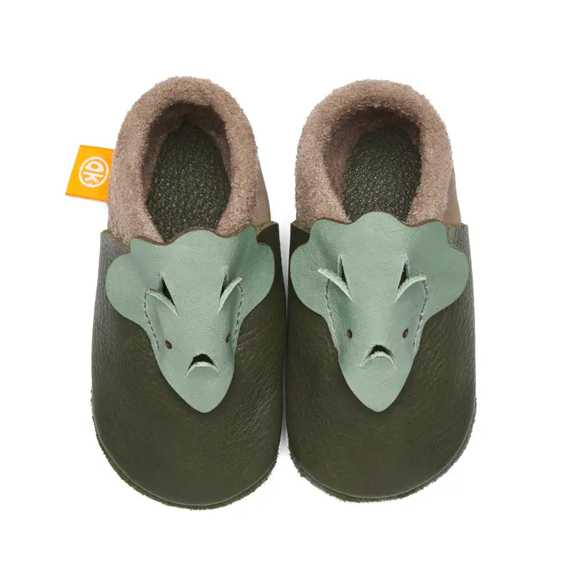 Von oben: Lederfinkli 3D Dino von Orangenkinder mit Triceratops Applikation
