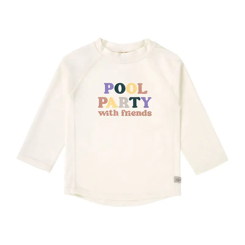 Weisses Badeshirt mit UPF 60 von Lässig mit bunter Aufschrift "Pool Party with friends"