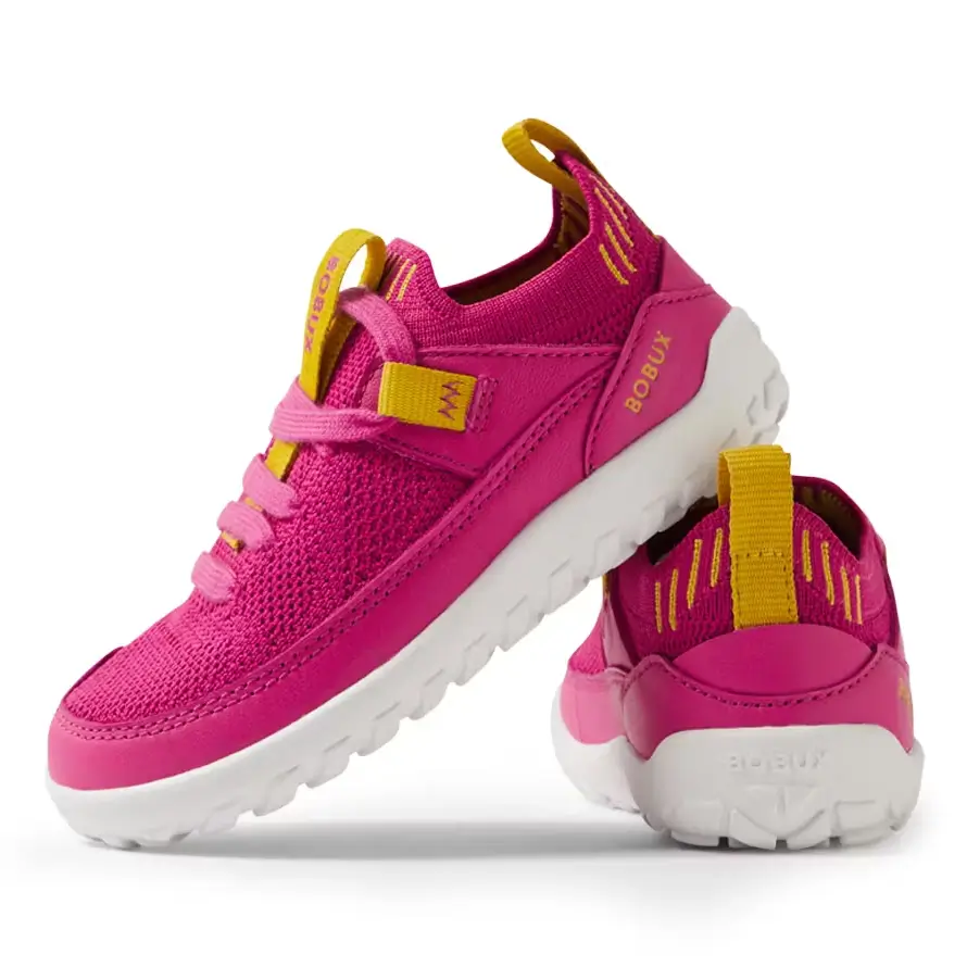 Bobux Barfuss Sneakers Meta Rose Violet in knalligem Pink. Mit flexibler Barfusssohle mit extra Grip.