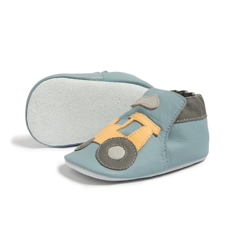103938-scooba-front Shooshoos Lederfinkli mit gelbem Traktor und Wildledersohle