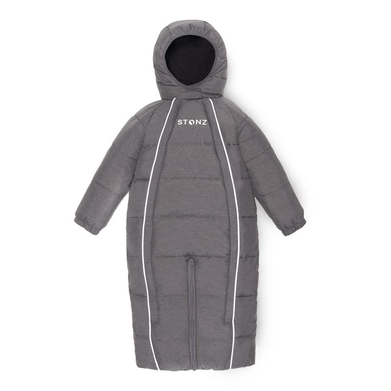 Stonz-Snowsuit-Heather-Grey-geschlossen Stonz Schneeanzug, umgewandelt in einen warmen Schlafsack