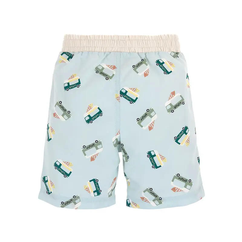 Rückseite einer Beach Shorts in hellblau mit Glacemobilen bedruckt und cremefarbenem breiten Gummibund.