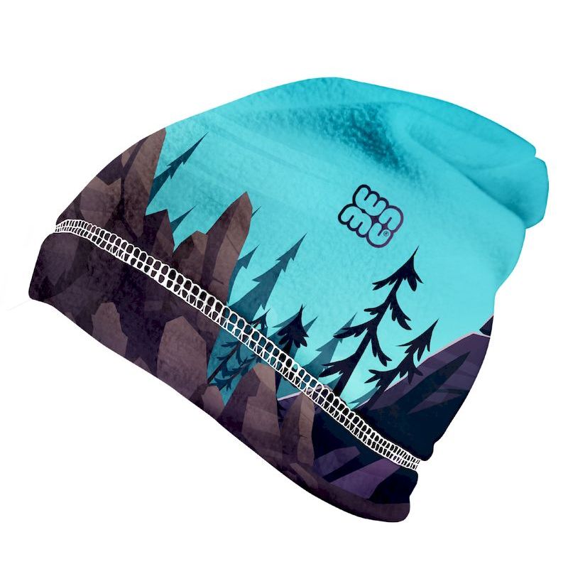 Fleece Beanie in türkis und anthrazit mit Drachenmuster
