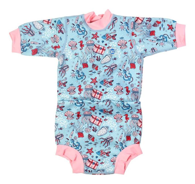 Happy Nappy Wetsuit "Hidden Treasure" in hellblau und rose mit Unterwassermotiven