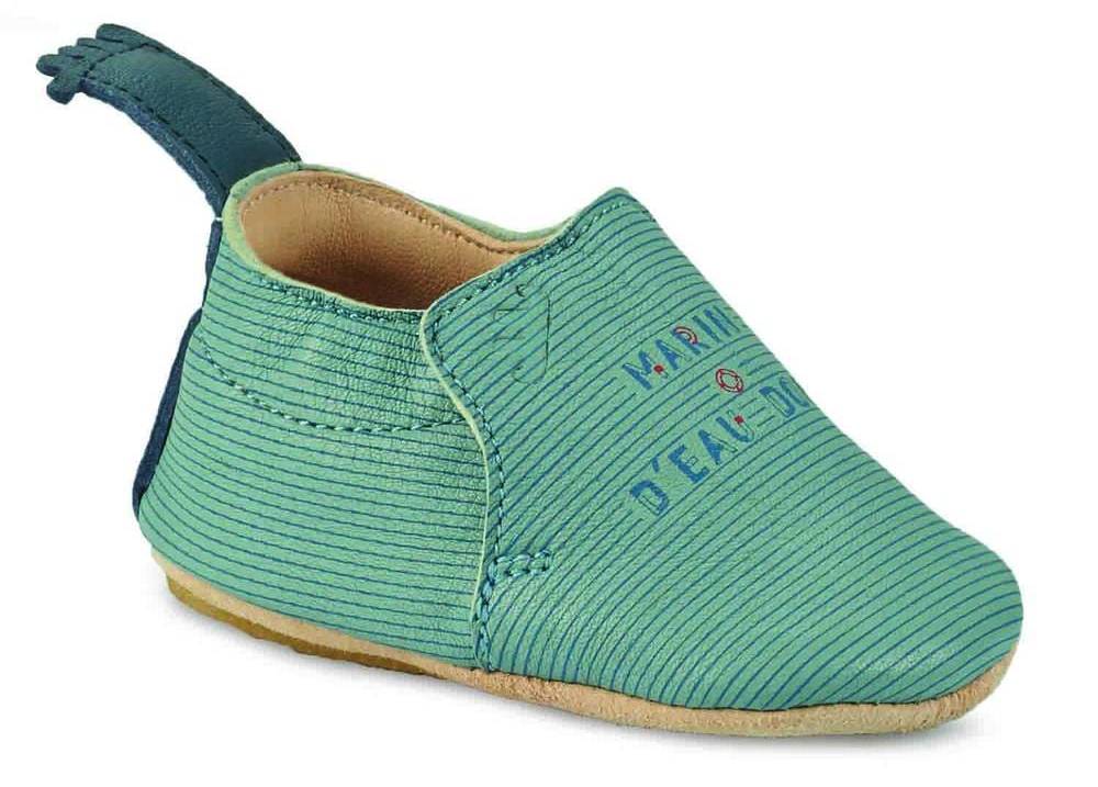 BLUBLU-RIVER-Mist-Denim Easy Peasy Lederfinkli "River" in Blau-Grün gestreift mit Aufdruck "Marin d'eau douce"