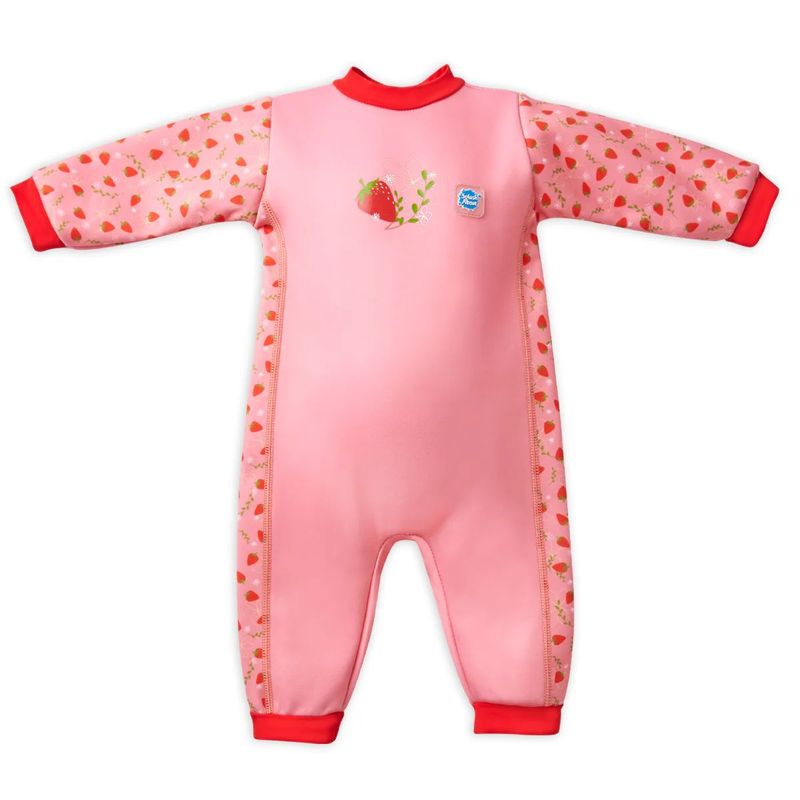 Vorderansicht des Wetsuit Strawberry Field in rosa und rot mit süssen Erdbeeren