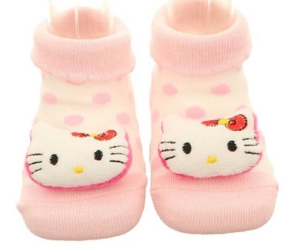 Baby-Antirutsch-Socken rosé mit Punkten und Kätzchen auf den Zehen