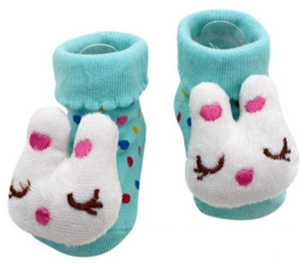 Baby-Antirutsch-Socken hellblau mit bunten Tupfen und einem Hasen auf den Zehen