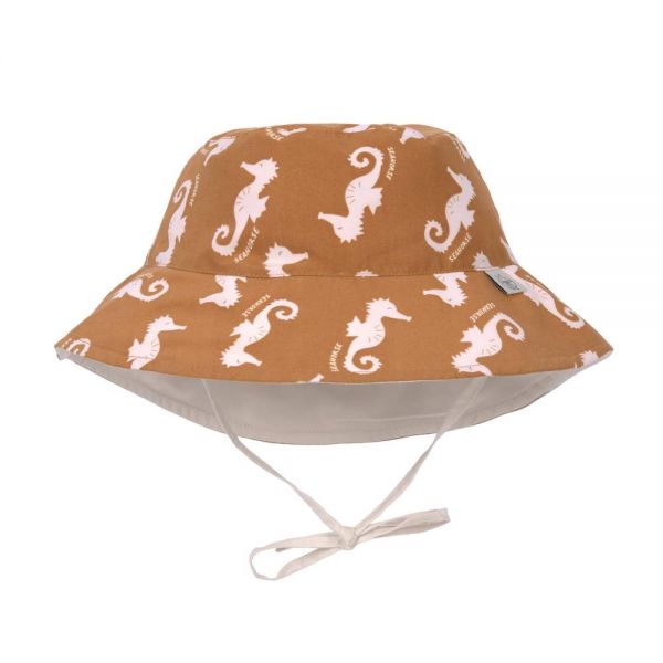 Lässig Bucket Hat "Sehorse" in Karamell mit rosa Seepferdchen